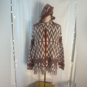 Shrinking Violet Zigzag Hooded Poncho - Brown, Cream, and Orange L